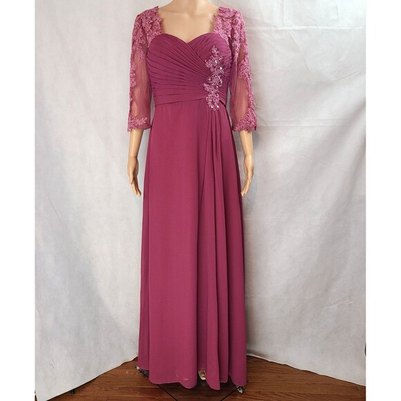 New Mother of the Bride (10) Dark Rose Lace/Chiffon Pleat Half Sleeve Maxi Dress - Picture 2 of 13